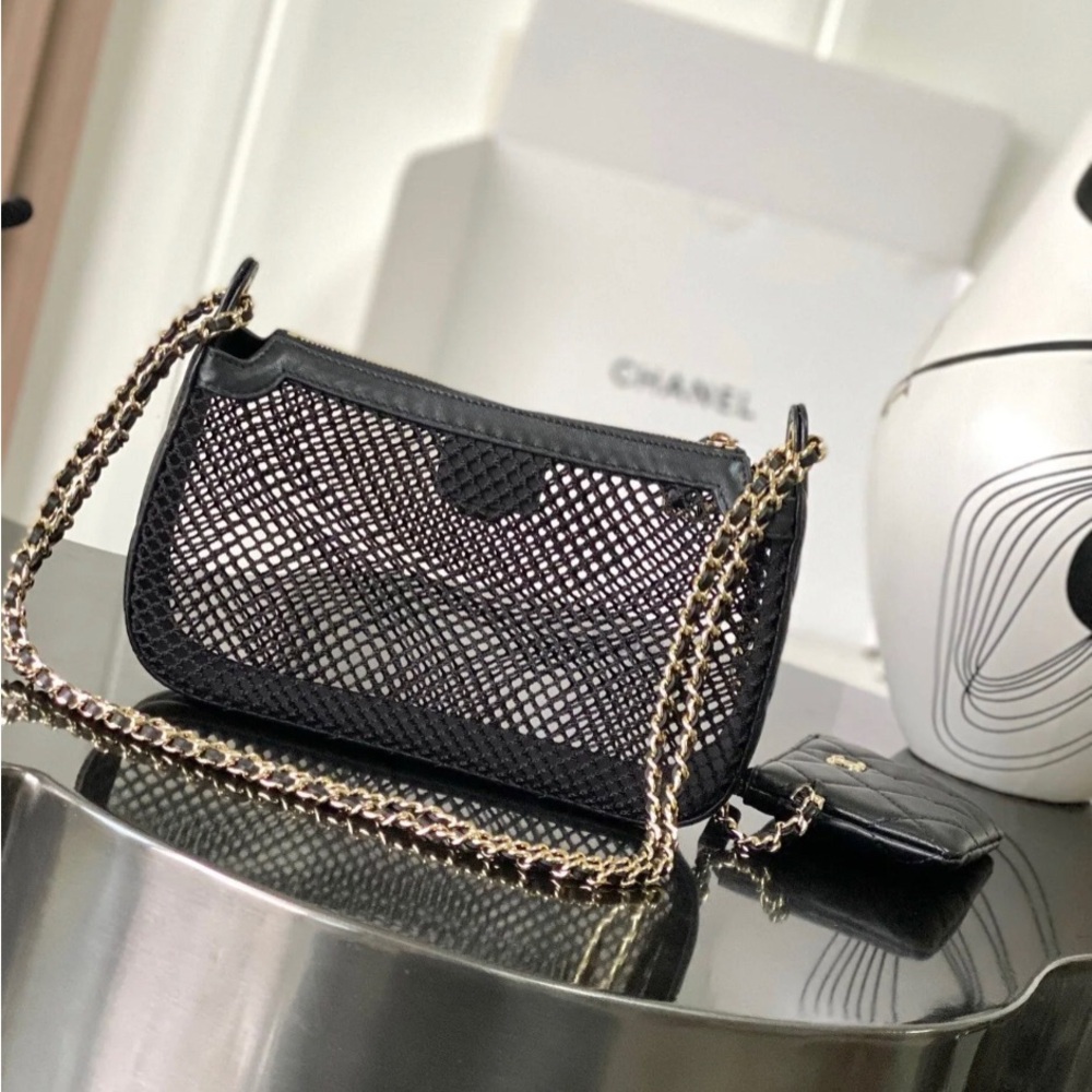 Black Mesh Crossbody with Gold Chain Accents NWOT